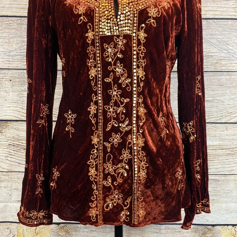Rust Red Sequin Velvet Keyhole Blouse - Picture 4 of 5